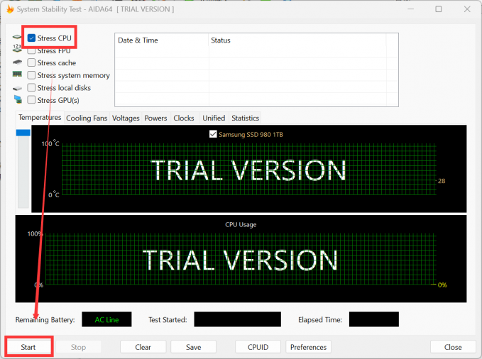 点击【start】选项开始测试CPU状况