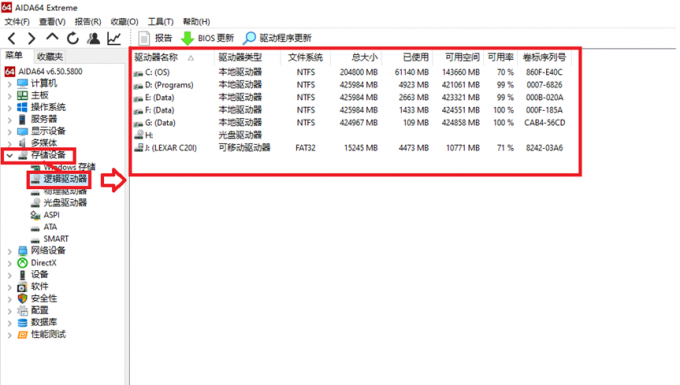 AIDA64查看磁盘空间