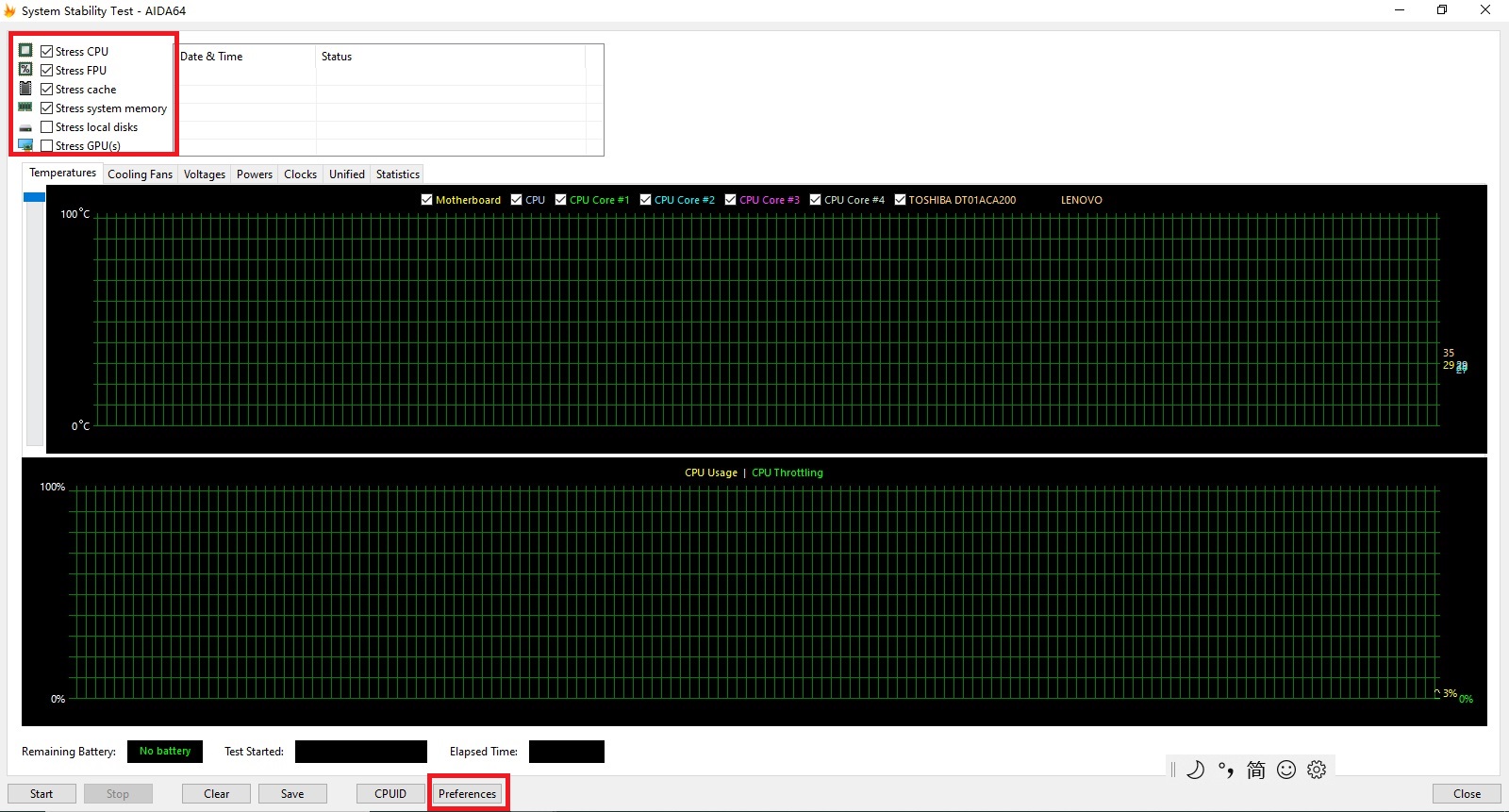AIDA 64系统稳定性测试界面