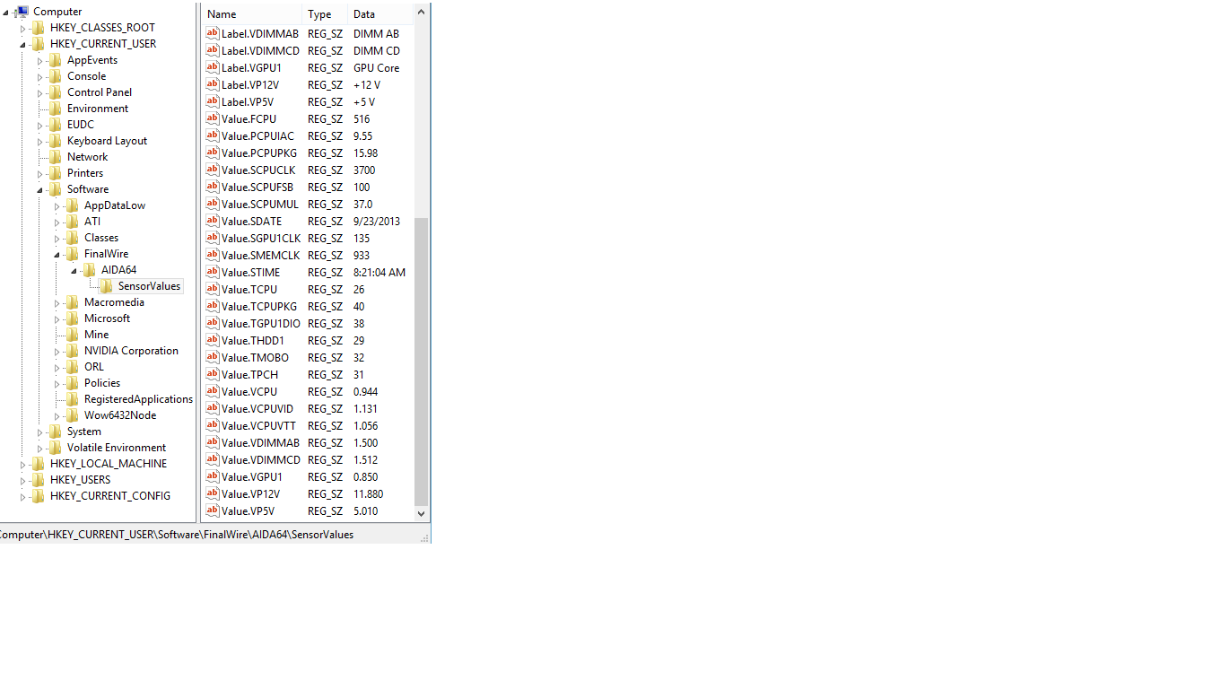 生成传感器注册表值