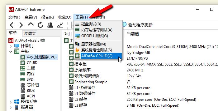 菜单栏的AIDA64 CPUID选项