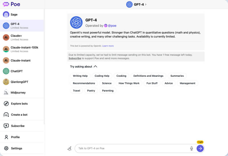 Quora Ai机器人Poe--免费gpt