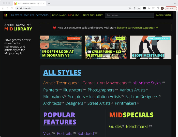 Midlibrary.io AI绘画风格参考网站
